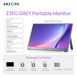 [جديد] شاشة محمولة ARZOPA مقاس 16.1 بوصة 180 هرتز 2.5 كيلو 107% sRGB، رمادي فاتح، مع حقيبة تخزين، Z3FC