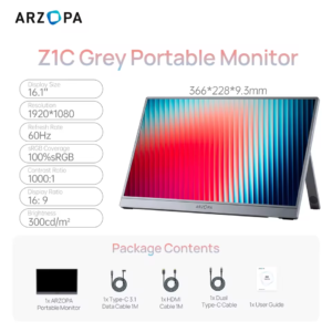 شاشة ARZOPA مقاس 16.1 بوصة 100% sRGB محمولة بدقة 1080 بكسل شاشة خارجية لأجهزة الكمبيوتر المحمول MAC Xbox/PS/Switch، Z1C