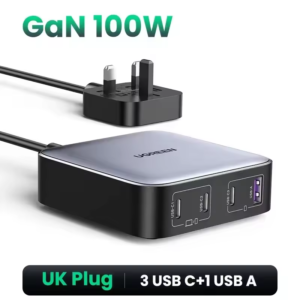 【الشحن من السعودية】شاحن UGREEN 100W GaN مع مقبس بريطاني، محطة شحن مكتبية 4 في 1، لأجهزة iPhone 17/16/15 Pro وأجهزة MacBook واللابتوبات